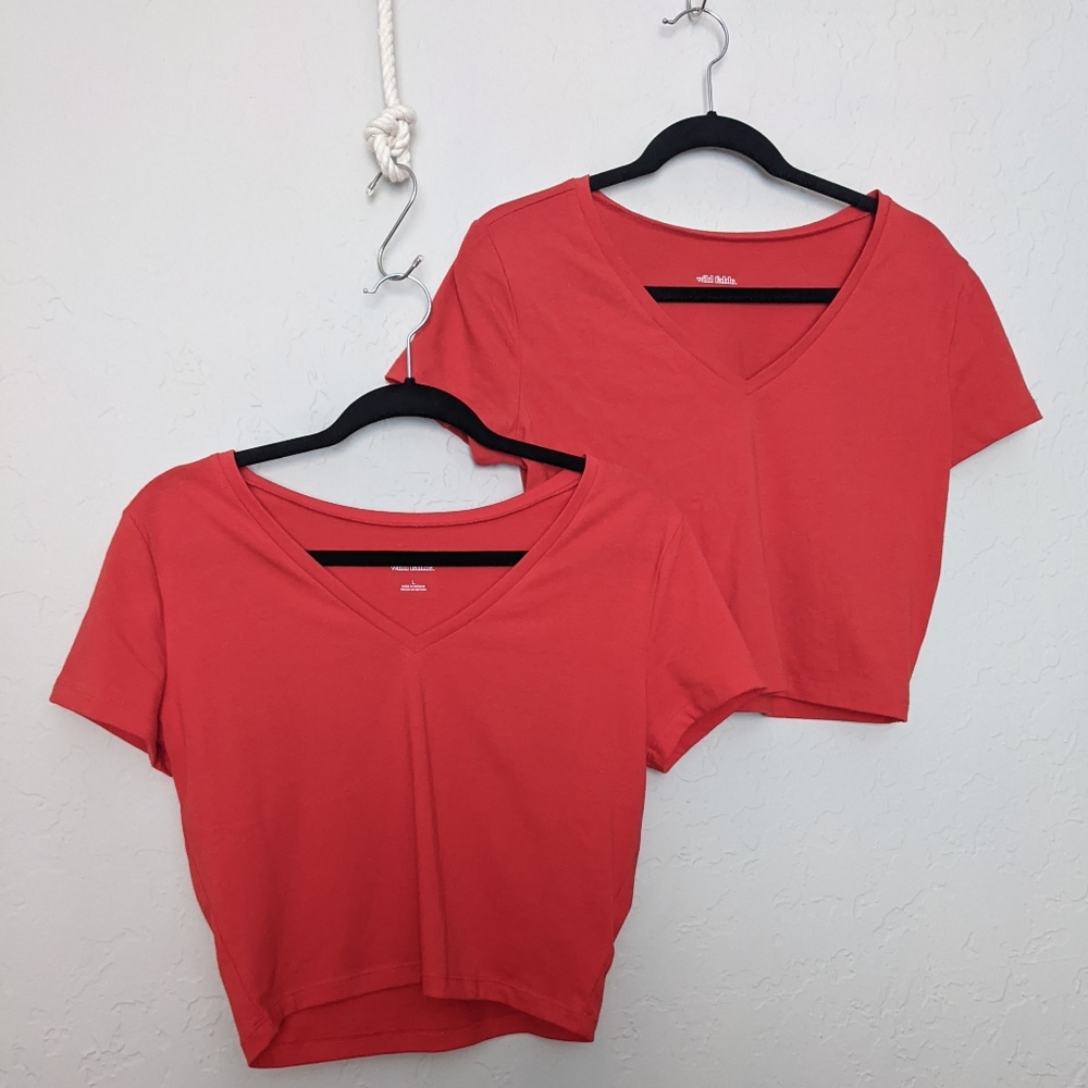 Short Sleeve V-Neck Cropped T-Shirt Wild Fable Red L
